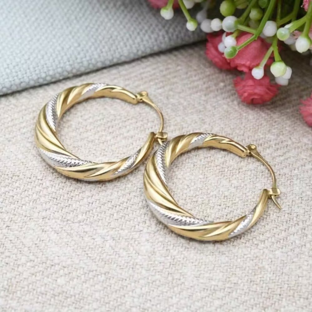 14K Gold Two Tone Silver Womens Small 1.25" Size Hoop Earrings Ladies Jewelry - Picture 4 of 5